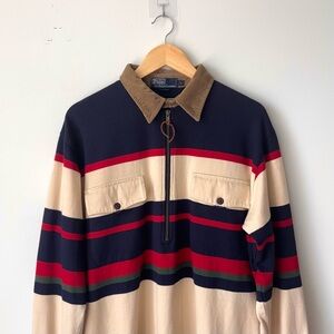 Vintage Polo Ralph Lauren 1/2 Zip Rugby Shirt Men’s L Stripe Corduroy Collar